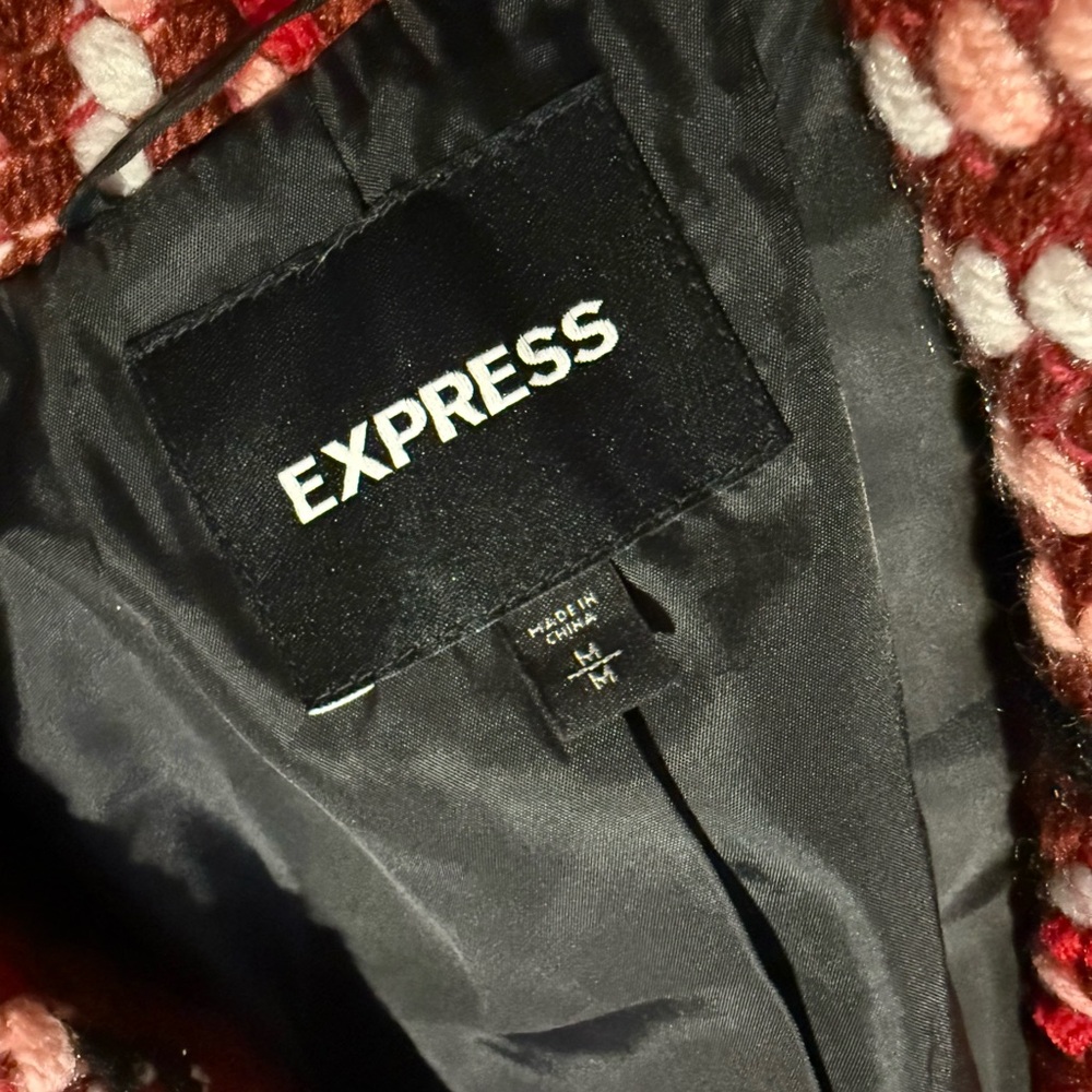 Express Women's Red and White Plaid Teddy Jacket - Picture 5 of 10